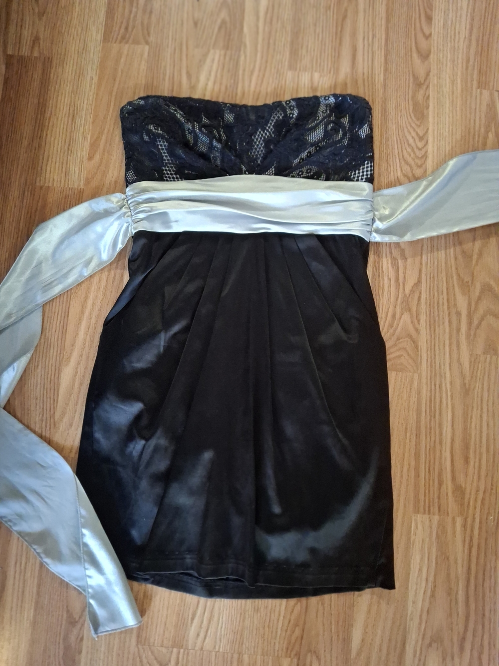 Mystic Black Lace & Satin Strapless Cocktail Dress with Silver Sash (MIS541)